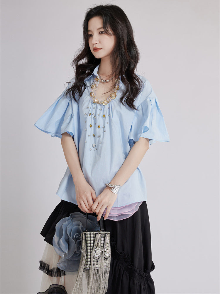 Beaded Collar Flare Blouse