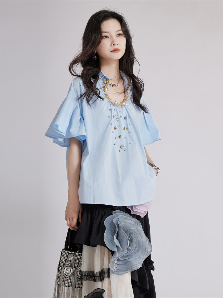 Beaded Collar Flare Blouse