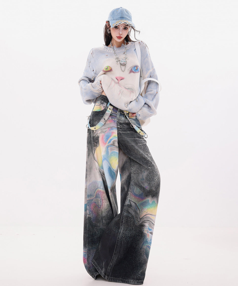 Iridescent Print Denim Wide Pants