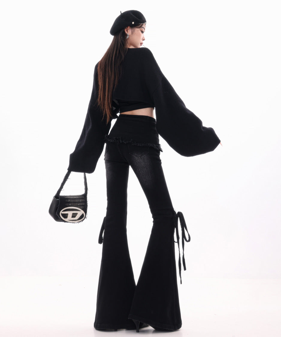 Wrap Layer Lace-Up Flare Denim Pants