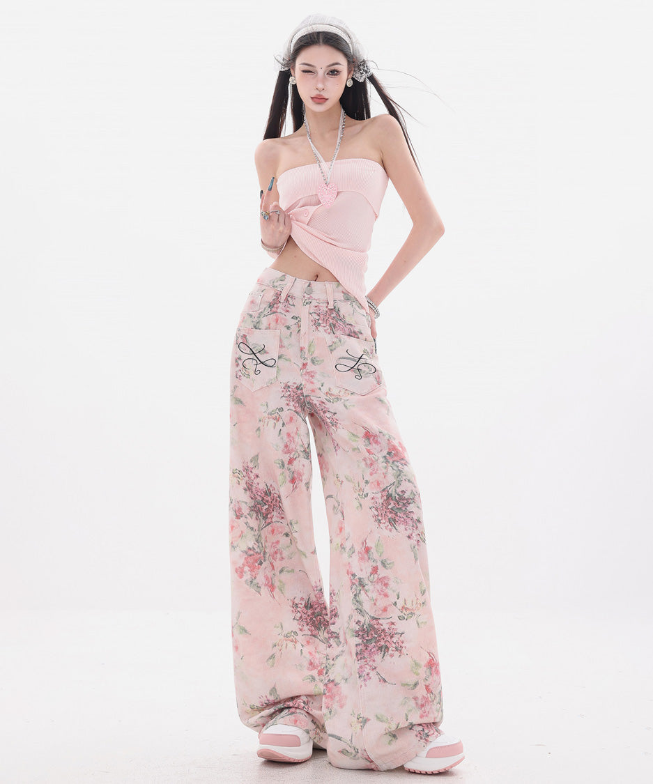 Floral Script Pocket Wide Pants