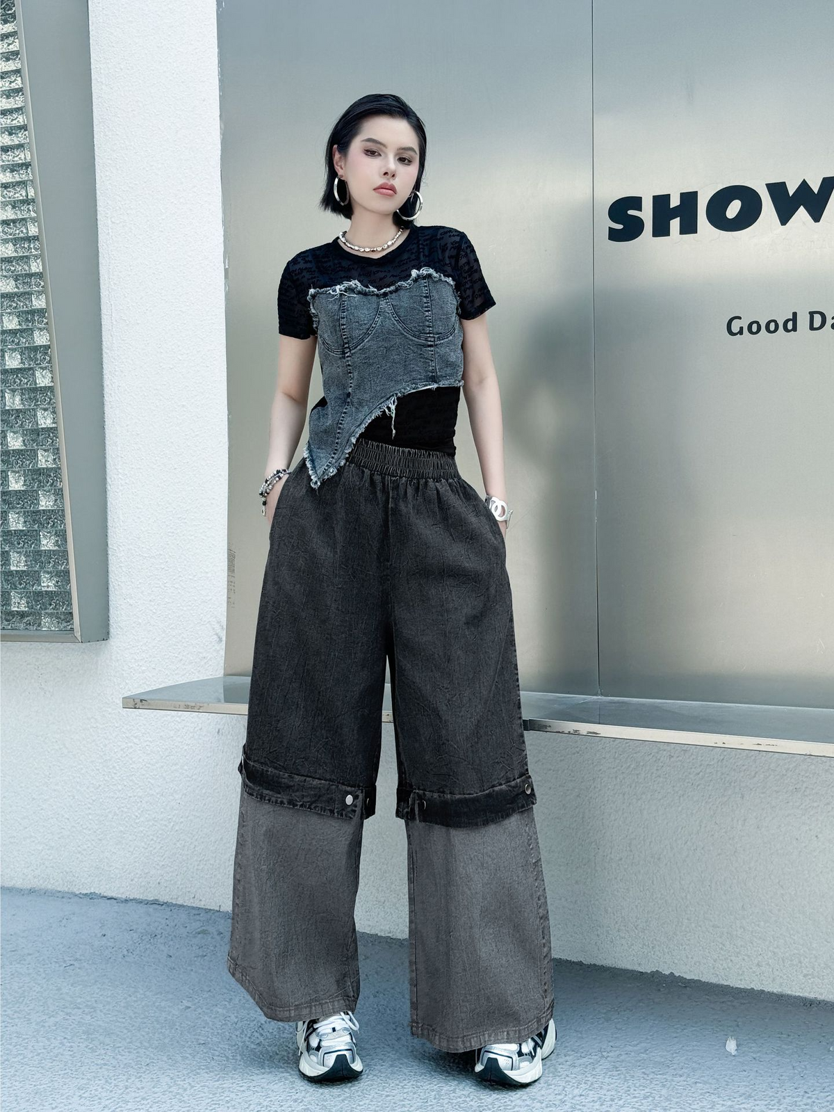Two Tone Wide Denim Pants
