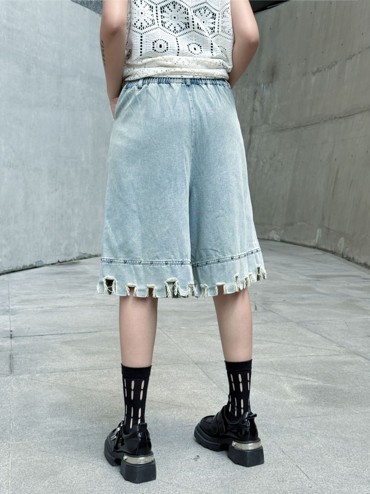 Raw Fringe Wide Denim Shorts