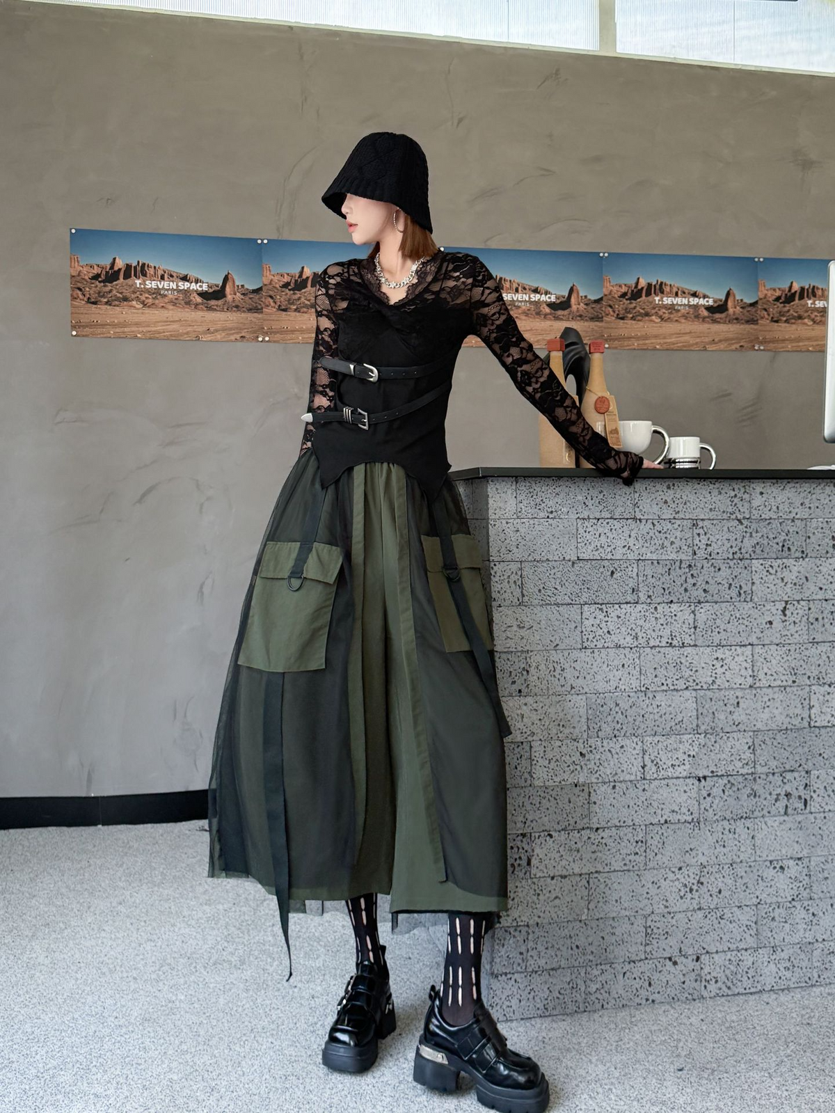 Mesh Cargo Wide Pants