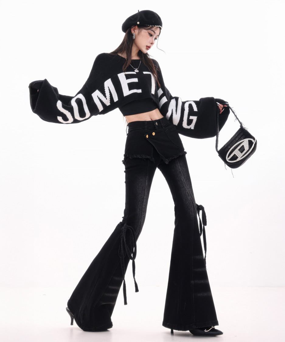 Wrap Layer Lace-Up Flare Denim Pants