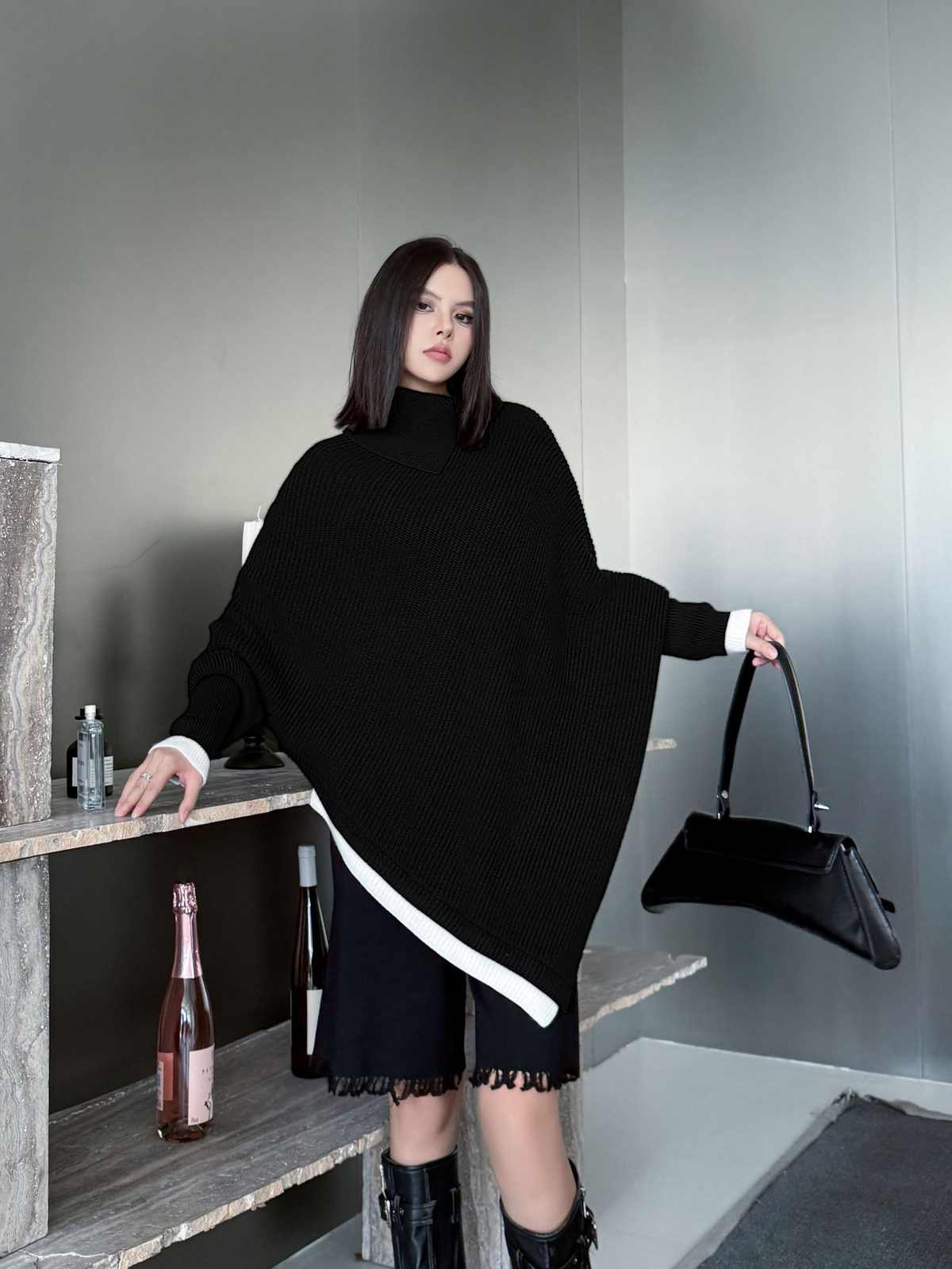 Diagonal Knit Poncho Top