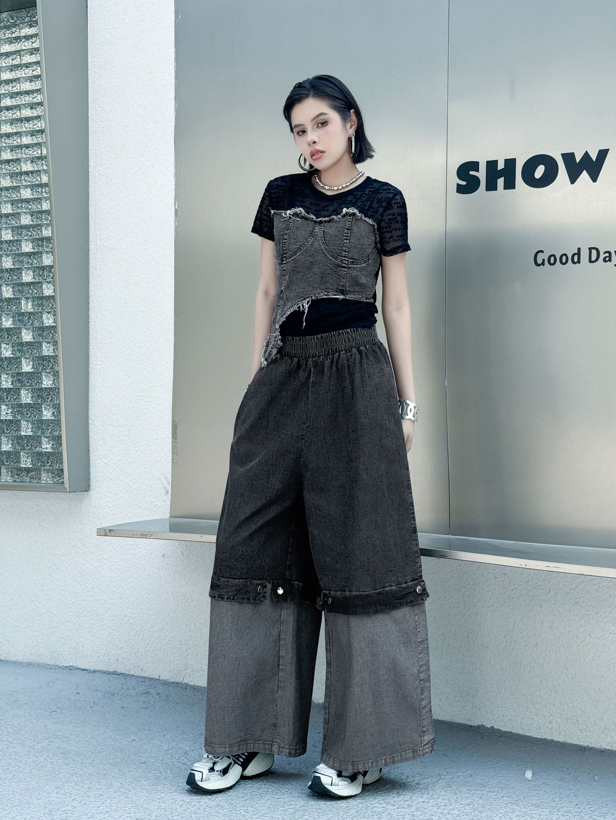 Two Tone Wide Denim Pants