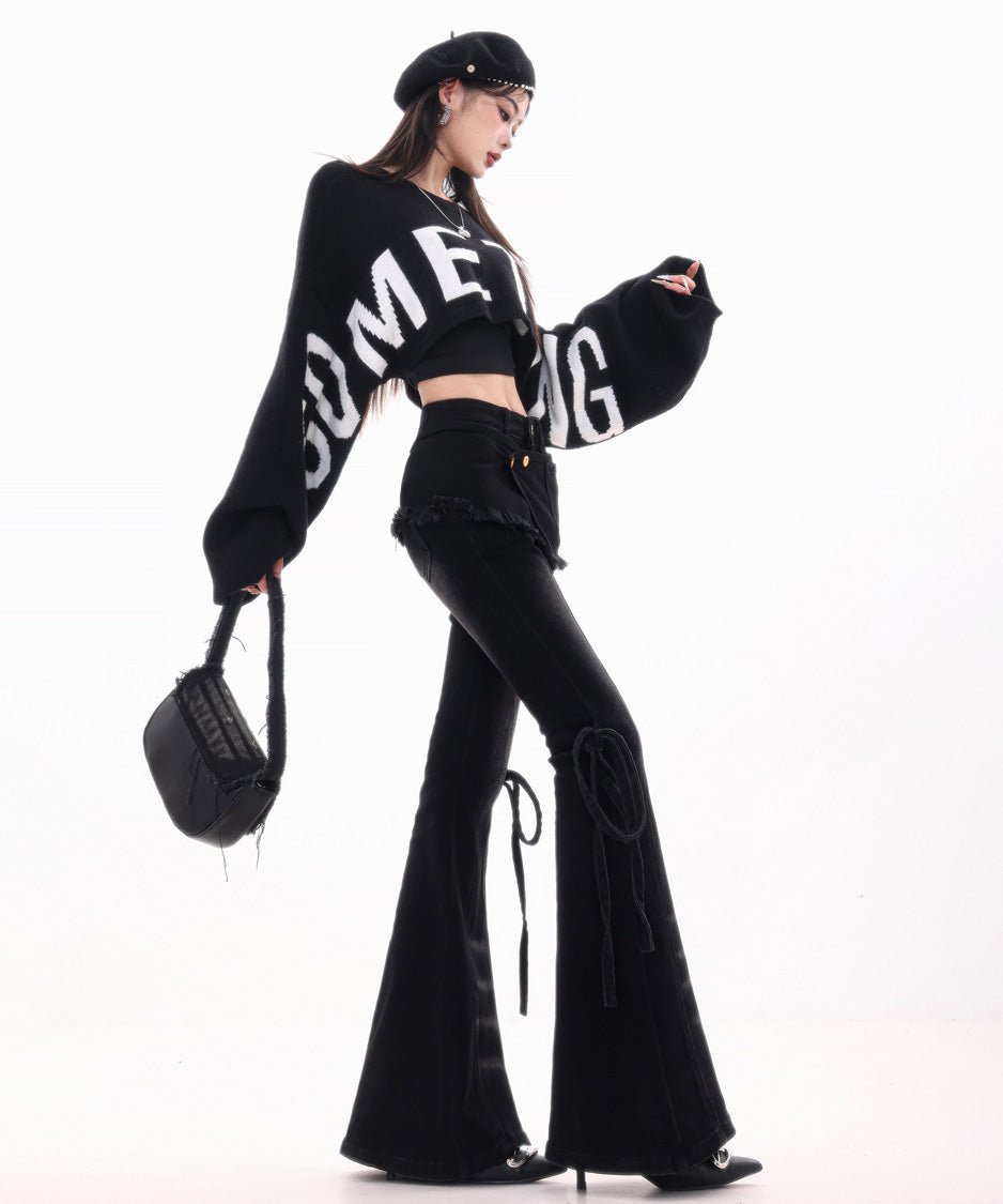 Wrap Layer Lace-Up Flare Denim Pants