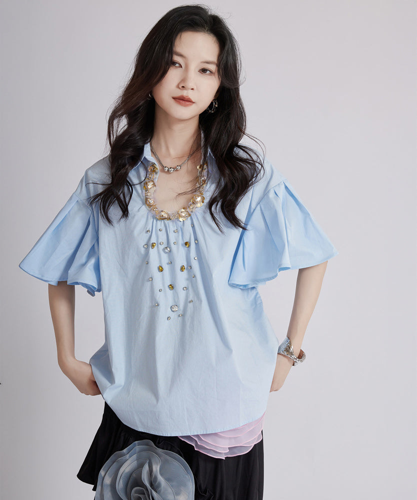 Beaded Collar Flare Blouse