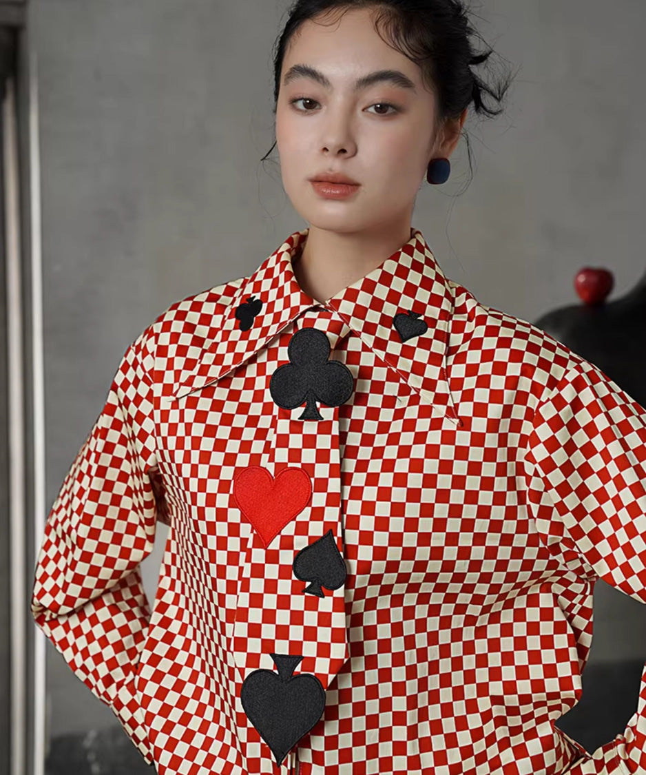 Checker Emblem Collar Blouse