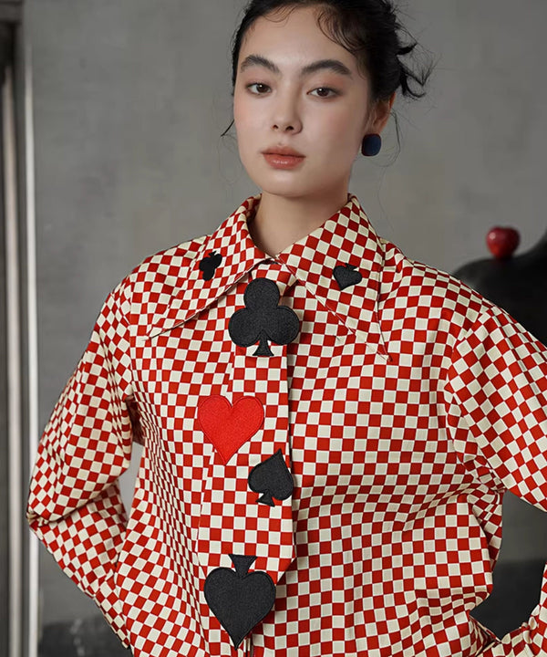 Checker Emblem Collar Blouse