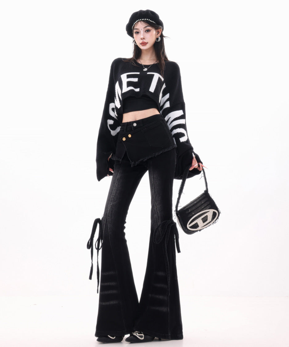 Wrap Layer Lace-Up Flare Denim Pants