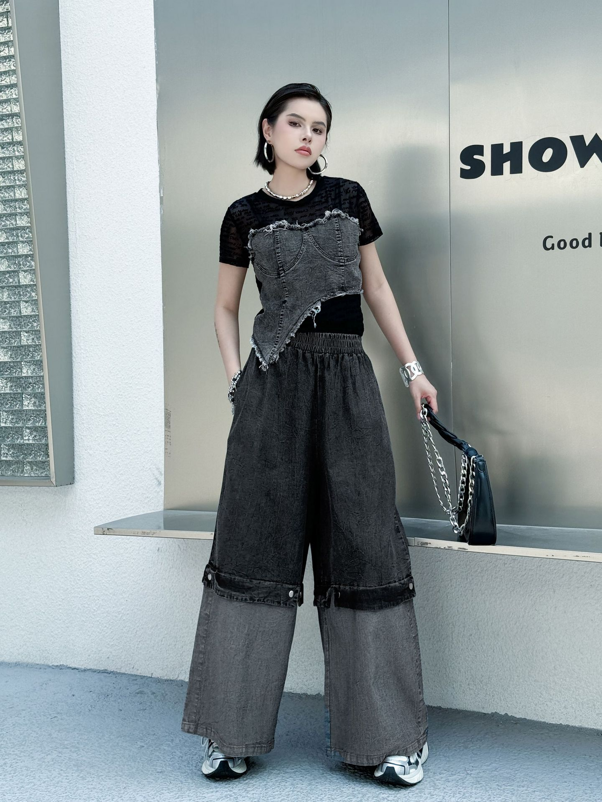 Two Tone Wide Denim Pants