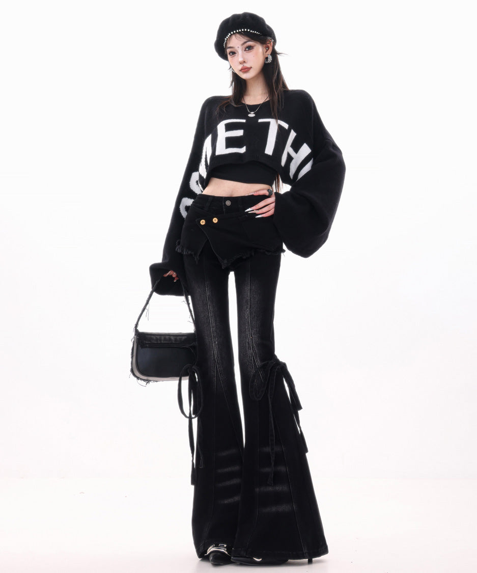 Wrap Layer Lace-Up Flare Denim Pants