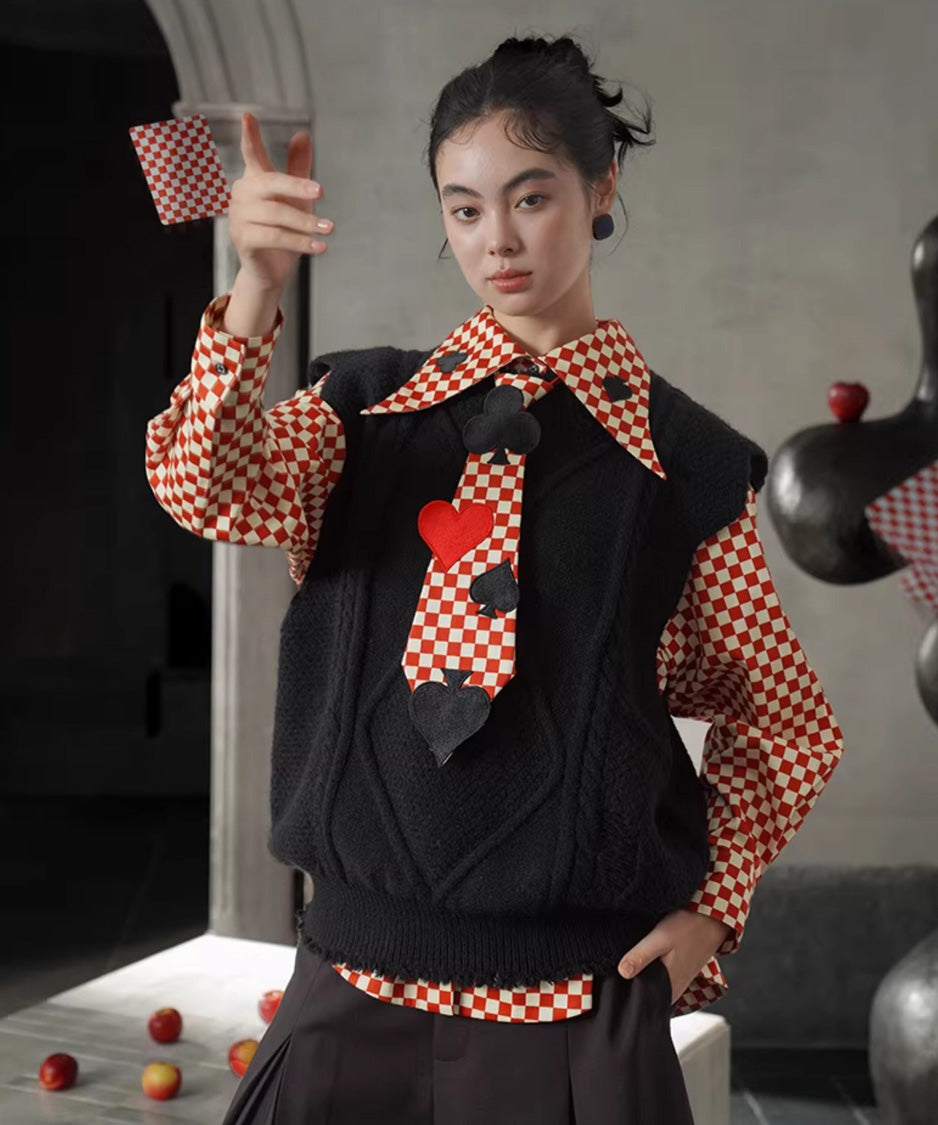 Checker Emblem Collar Blouse