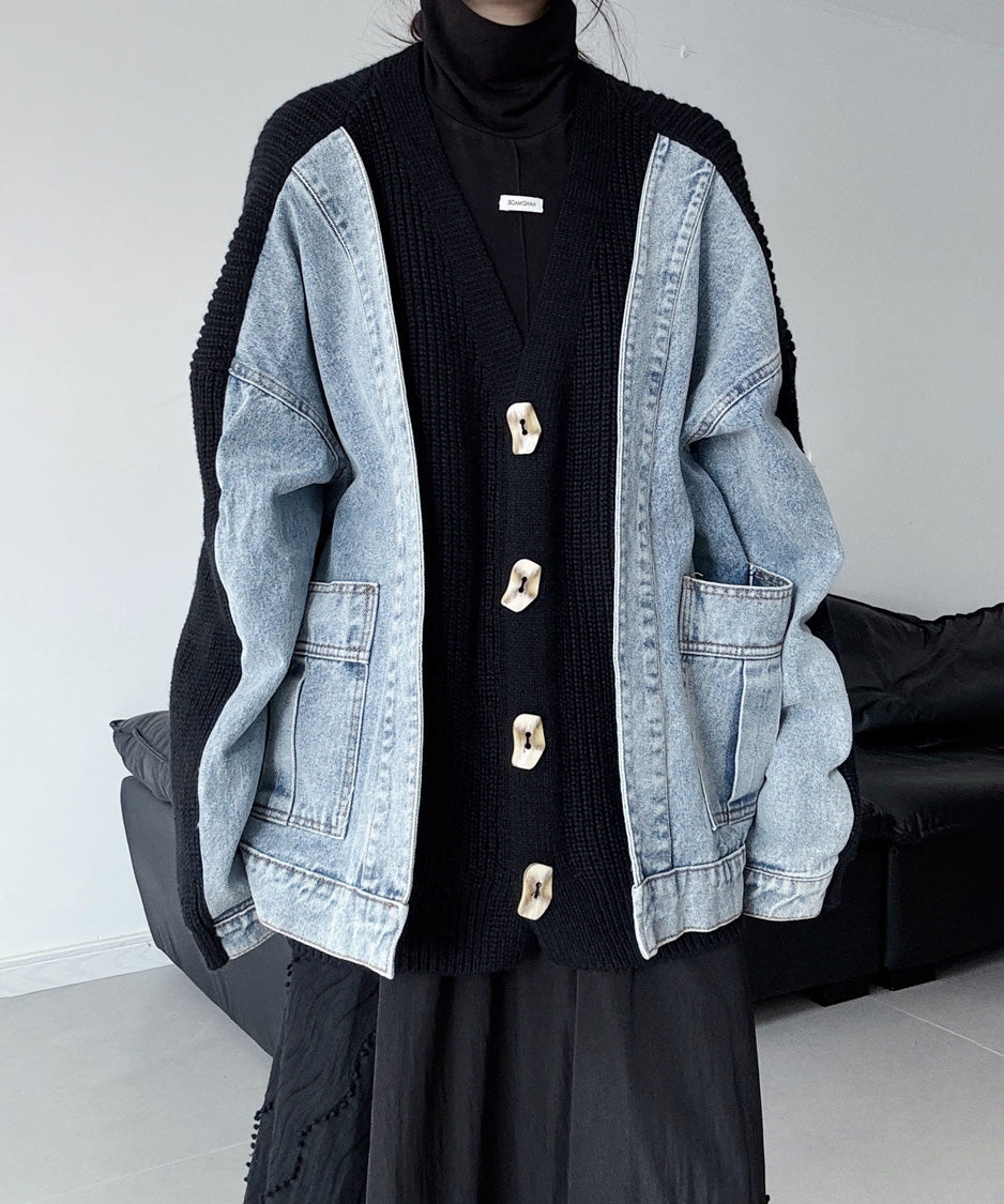 Denim Panel Knit Cardigan