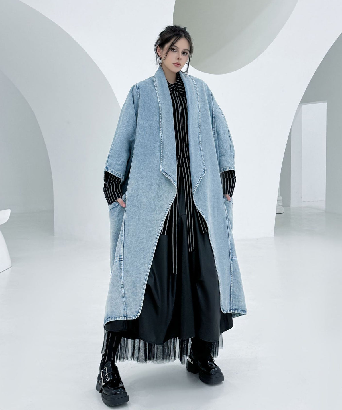 Washed Long Denim Coat