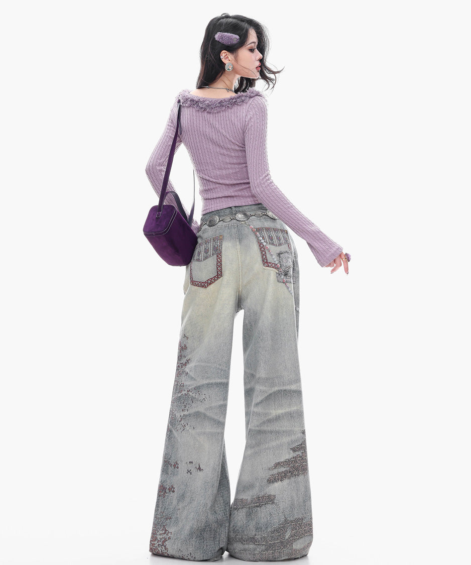Ornament Washed Wide Denim Pants