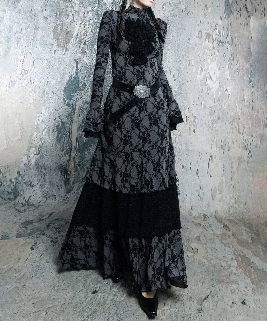 Lace Veil Ruffle Maxi Dress