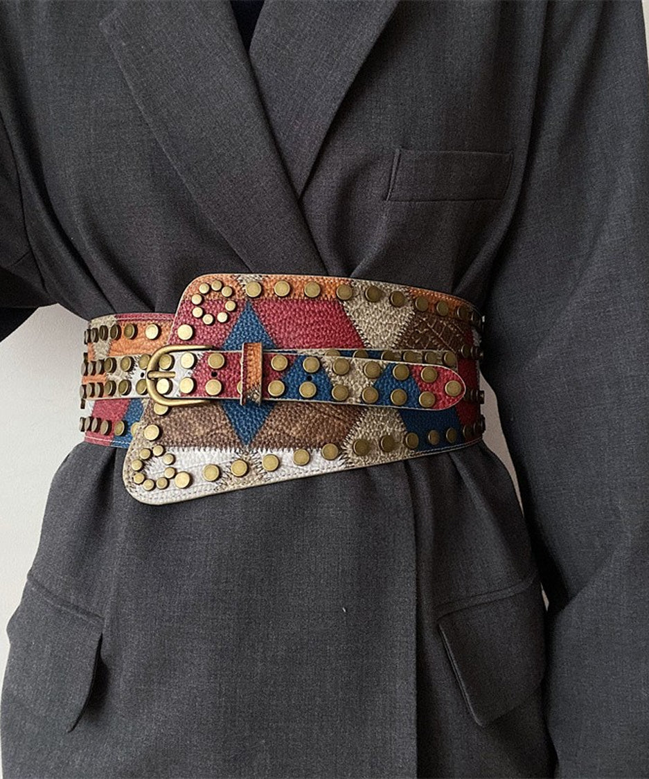 Studded Patchwork Wide Belt