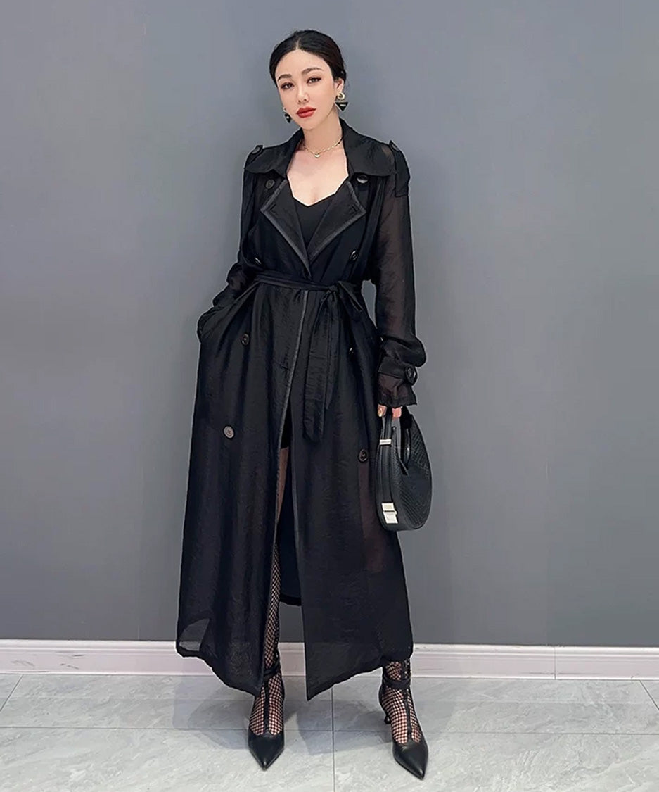 Sheer Belted Long Cardigan
