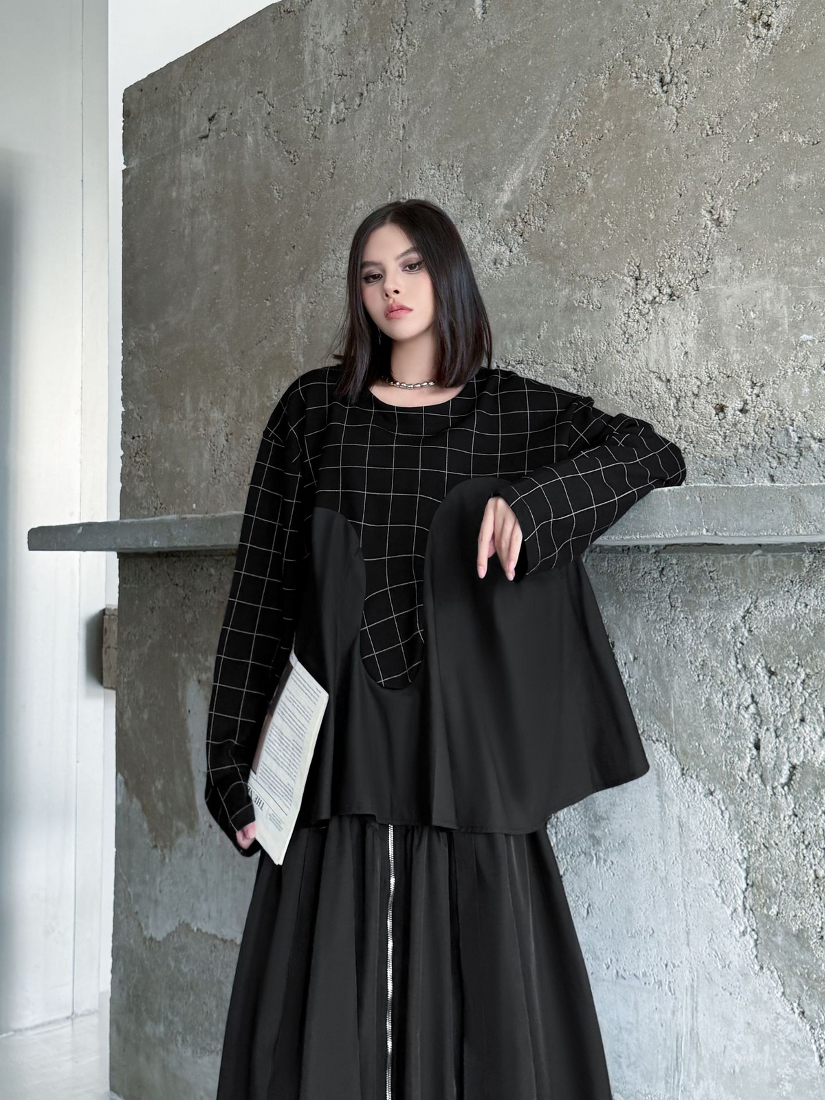 Grid Layered Contrast Top