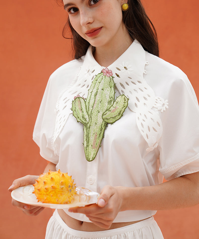 Cactus Cutwork Puff Sleeve Blouse