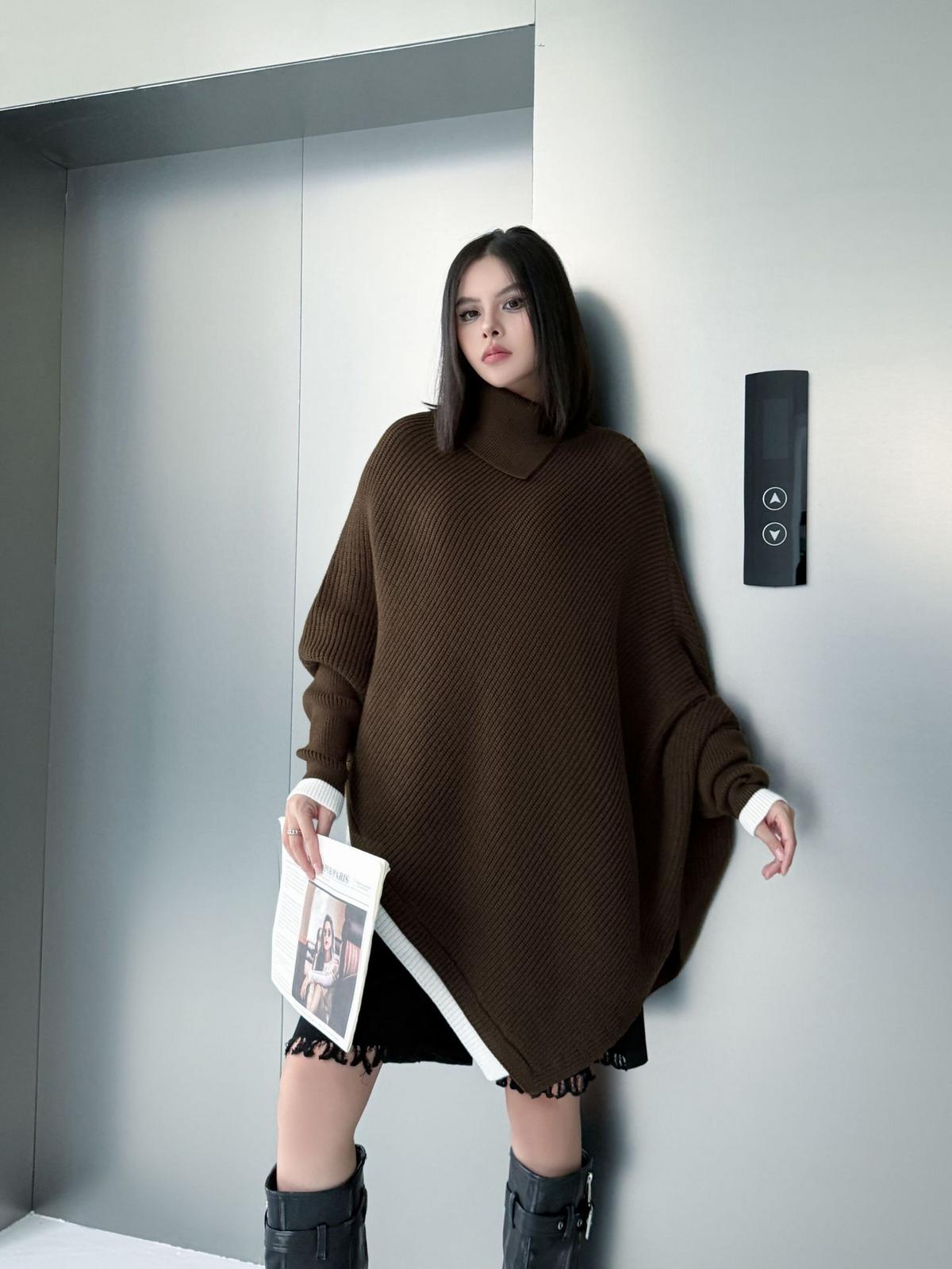 Diagonal Knit Poncho Top
