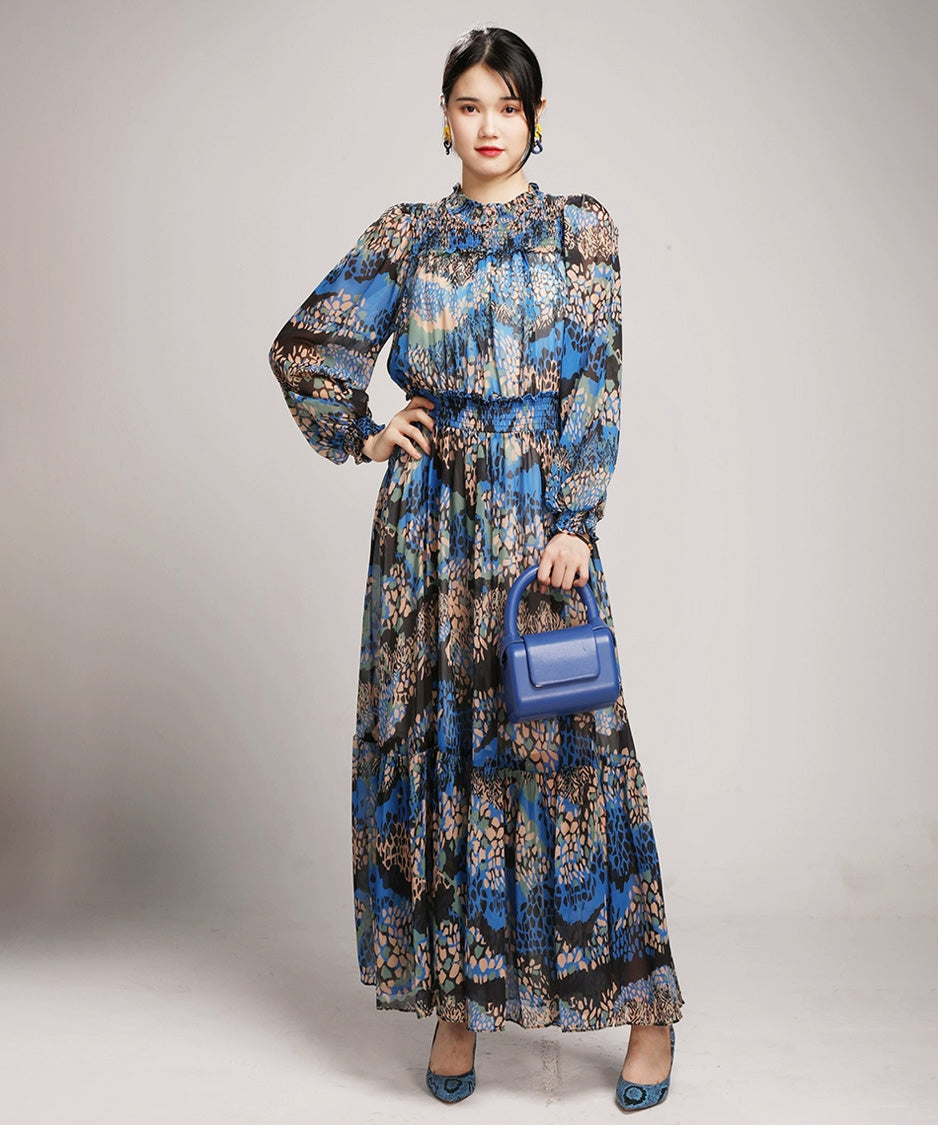 Abstract Print Tiered Long Dress