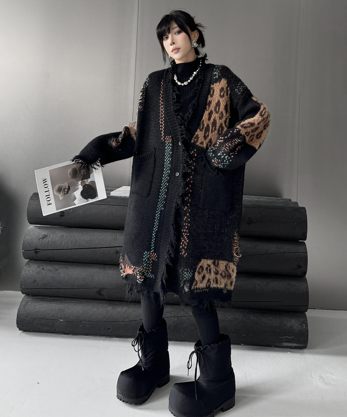 Frayed Leopard Patch Knit Cardigan