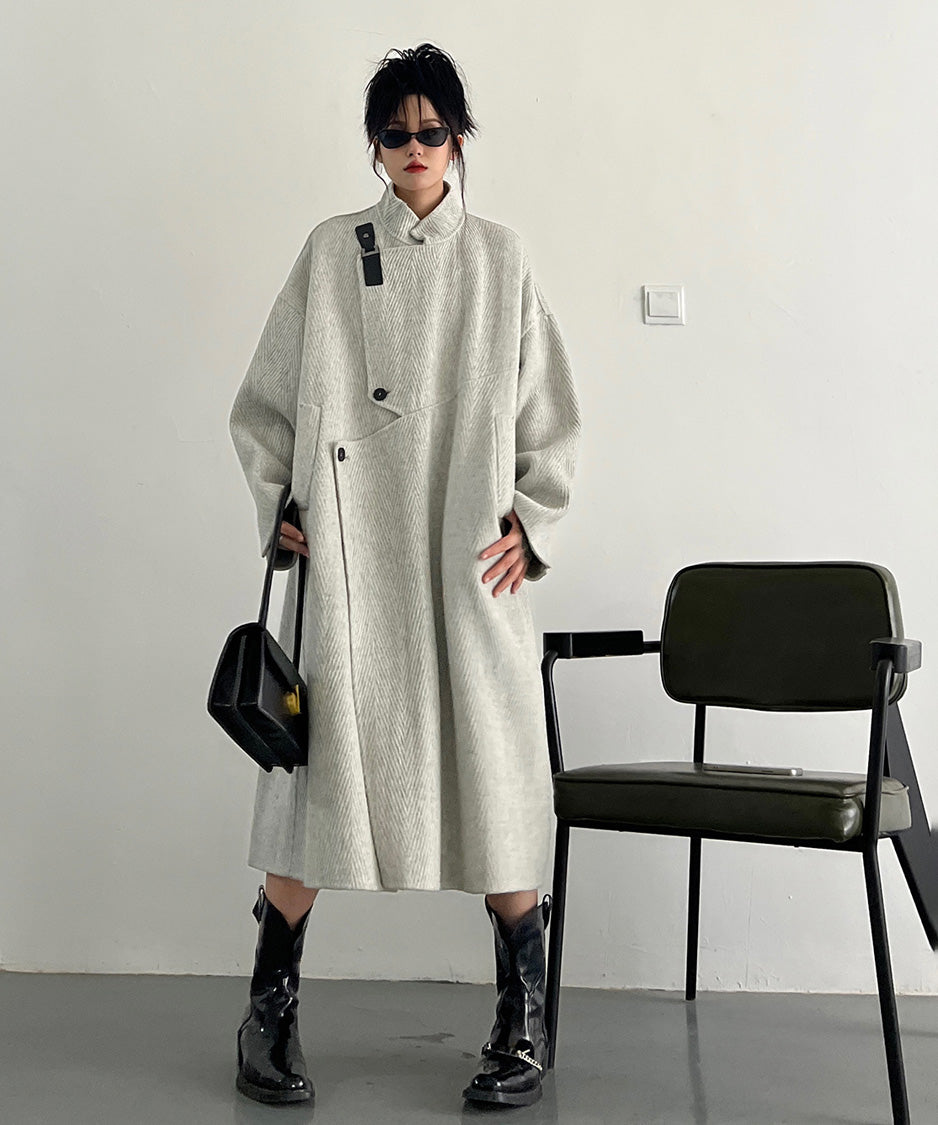 Asym Buckle Herringbone Coat