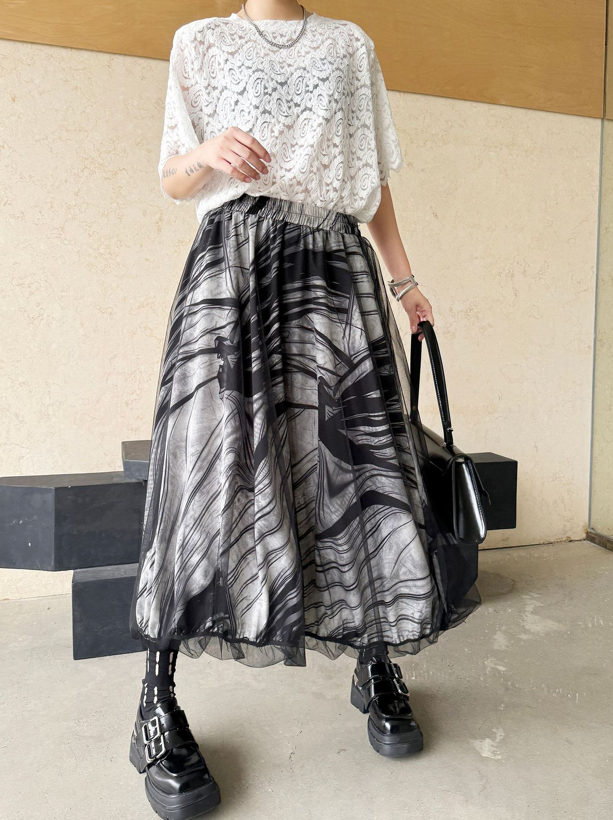 Abstract Mesh Flare Skirt