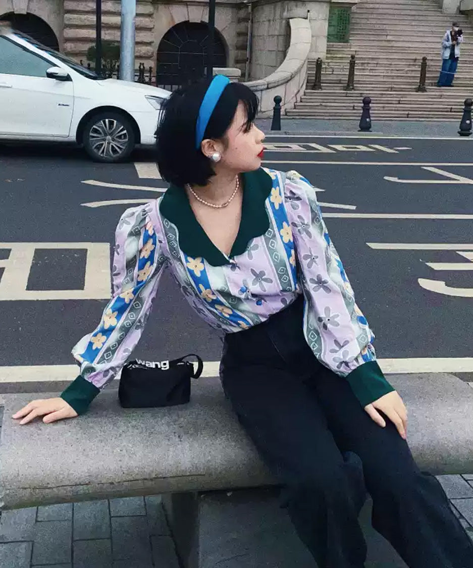 Floral Stripe Contrast Collar Blouse