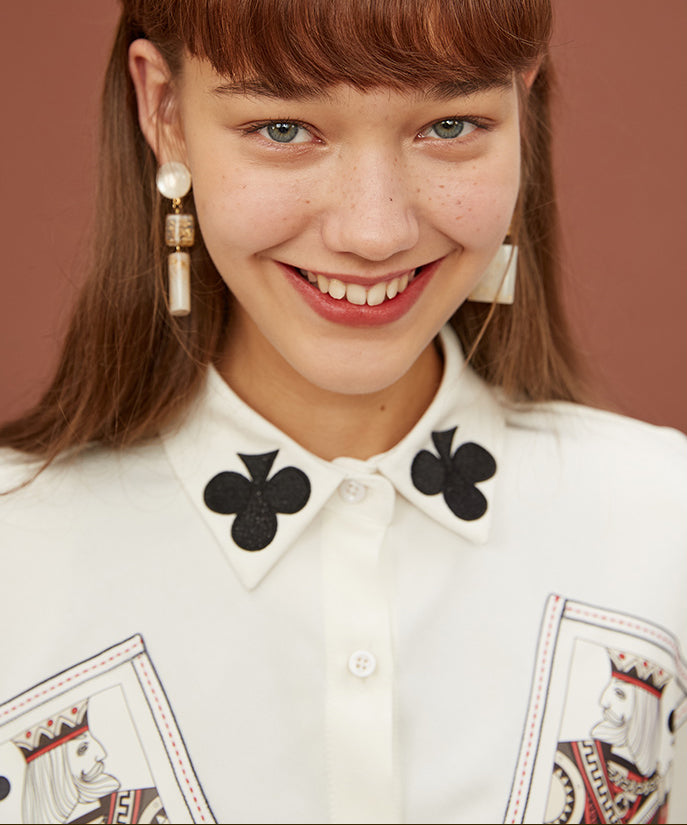 Card Print Collar Blouse