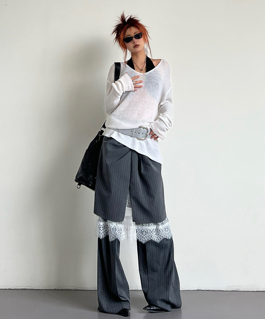 Pinstripe Lace Layered Pants