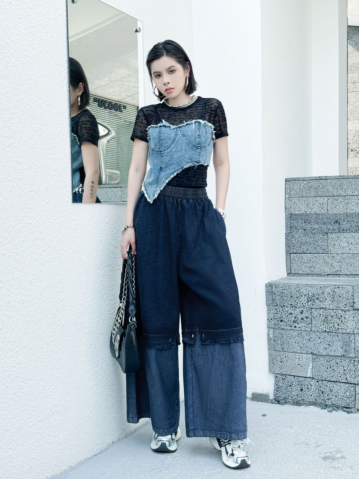 Two Tone Wide Denim Pants