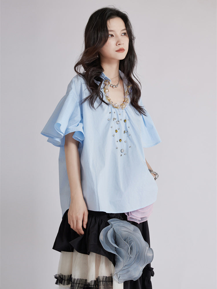 Beaded Collar Flare Blouse