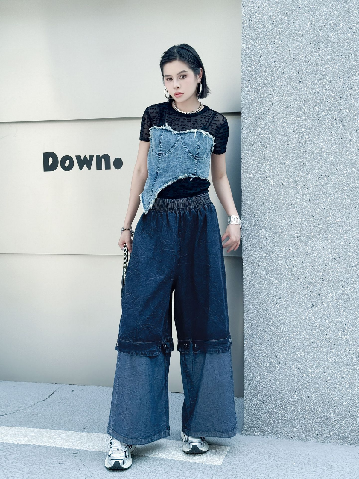 Two Tone Wide Denim Pants