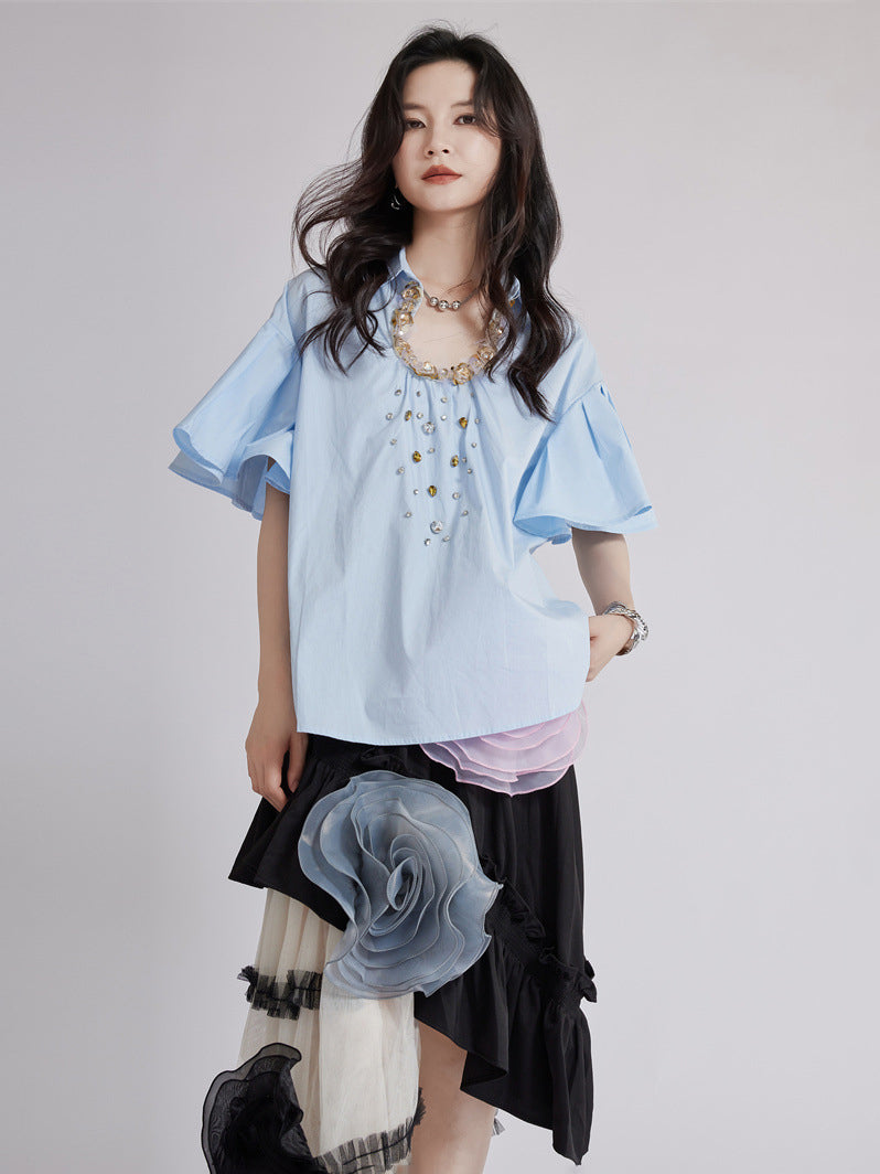 Beaded Collar Flare Blouse