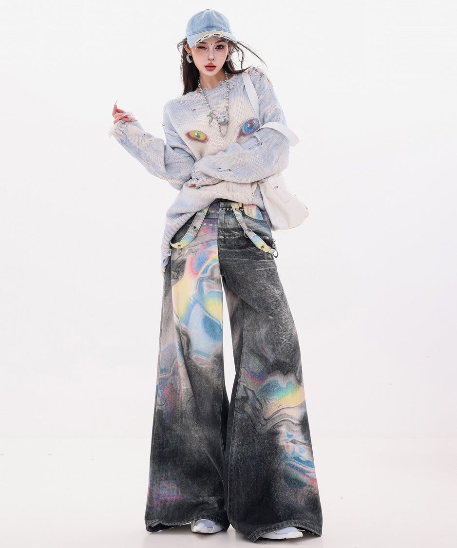 Iridescent Print Denim Wide Pants