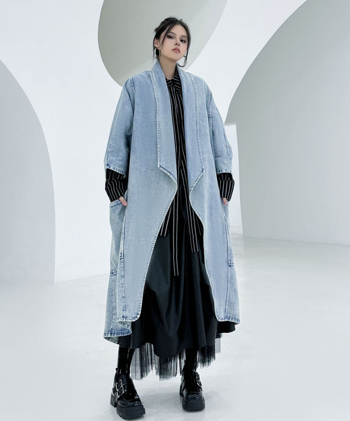 Washed Long Denim Coat