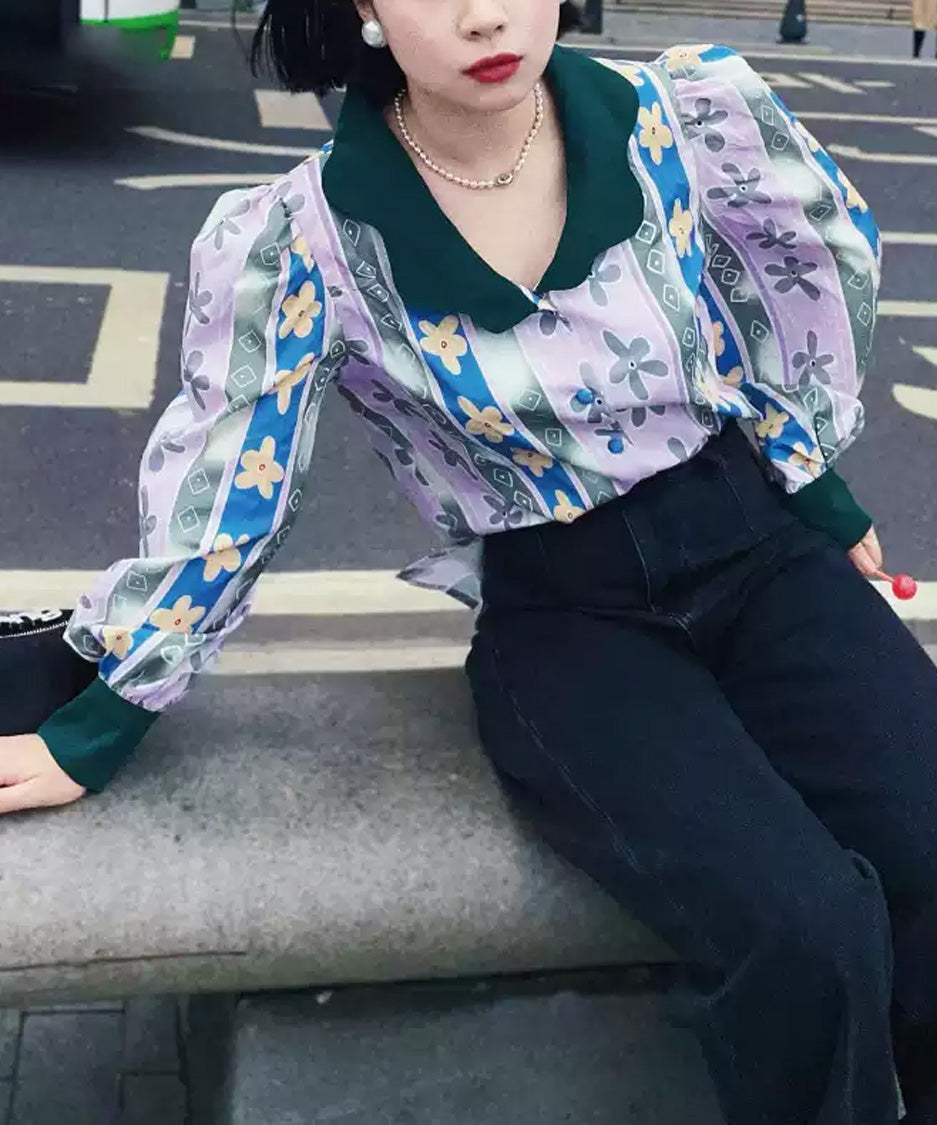 Floral Stripe Contrast Collar Blouse