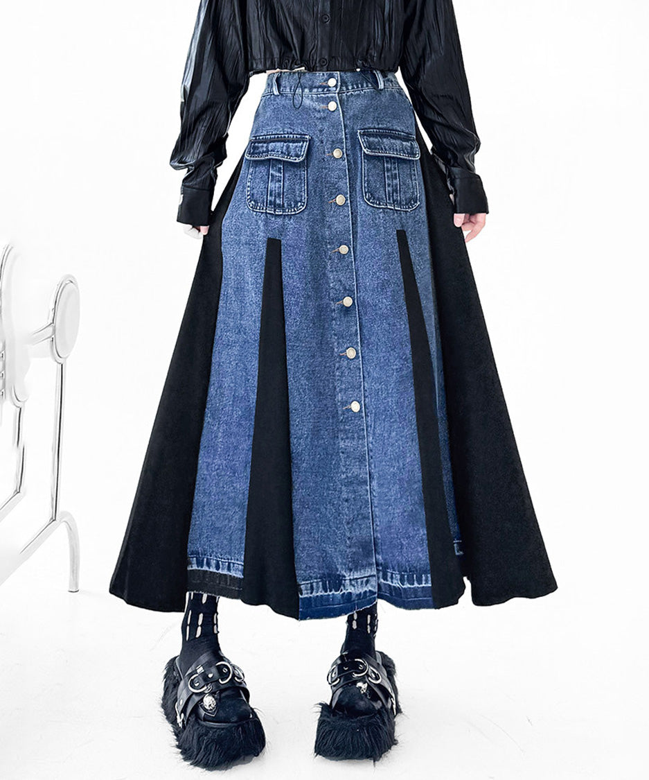 Contrast Panel Denim Flare Skirt