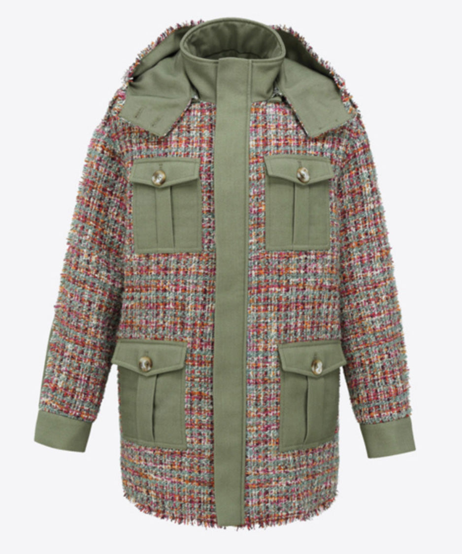 Hooded Tweed Panel Coat
