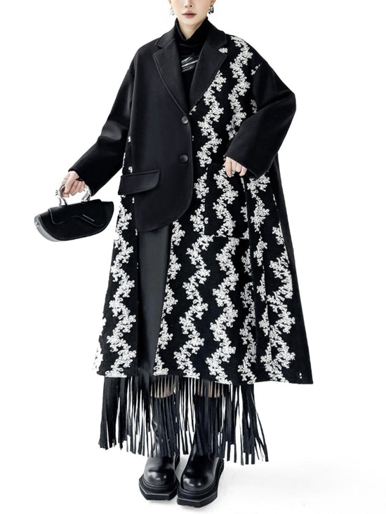 Patch Jacquard Fringe Coat