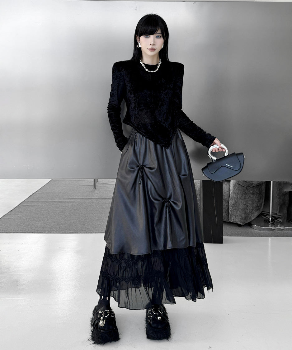 Glossy Gather Lace Hem Maxi Skirt