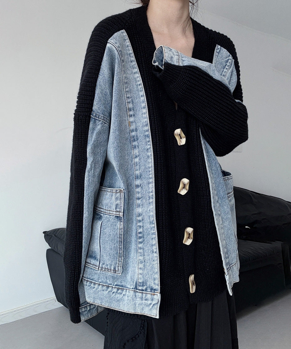 Denim Panel Knit Cardigan