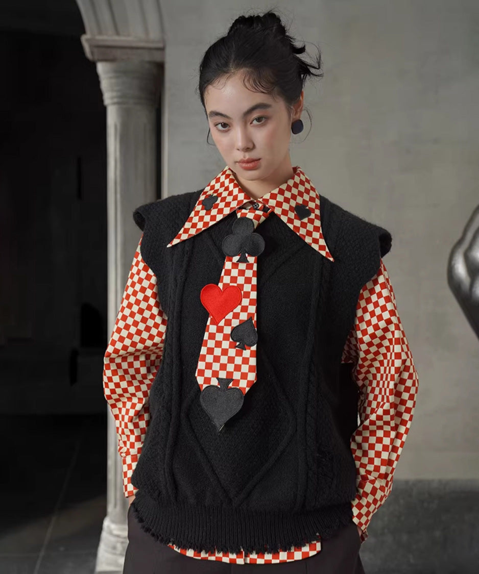 Checker Emblem Collar Blouse