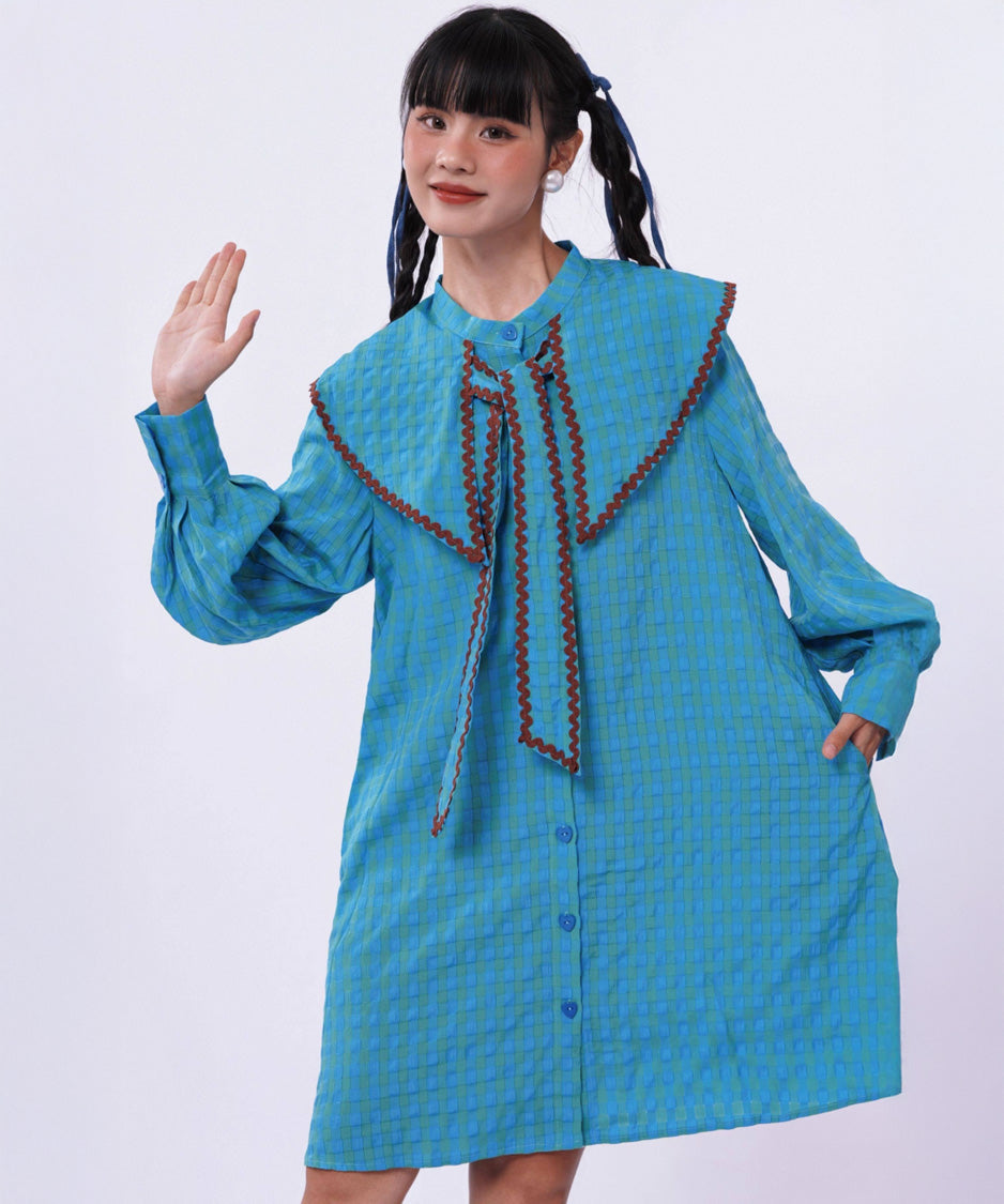 Check Sailor Tie Shirt Dress