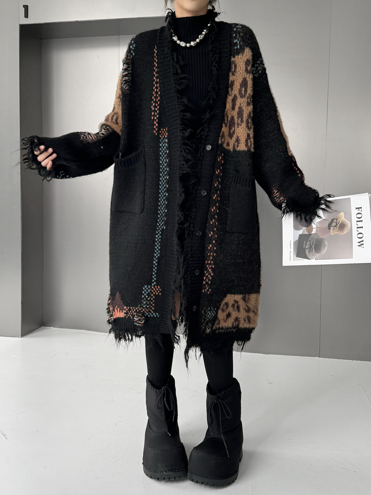 Frayed Leopard Patch Knit Cardigan